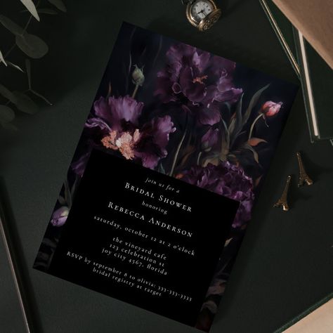 Dark Purple Wedding Invitations, Moody Purple, Halloween Bridal Showers, Purple Floral Wedding, Romantic Bridal Shower, Halloween Wedding Invitations, Taylor Wedding, Purple Goth, Wedding Announcement Cards