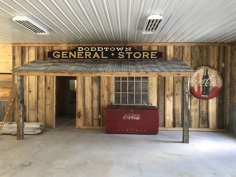 Store front in man cave Shop Loft Ideas Man Cave, Man Cave In Shop, Party Barn Ideas, Garage Bar Ideas Man Caves, Rustic Garage Ideas, Pole Barn Man Cave, Barn Man Cave, Garage Man Cave Ideas, Barn Garage Ideas