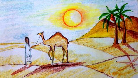 #scenerydrawing #arabiandesert #howtodraw Free Valentine Clip Art, Drawing Easy For Kids, Animal Composition, Desert Drawing, Village Drawing, Blackboard Drawing, Desert Scenery, Beginner Drawing, Fruit Art Drawings