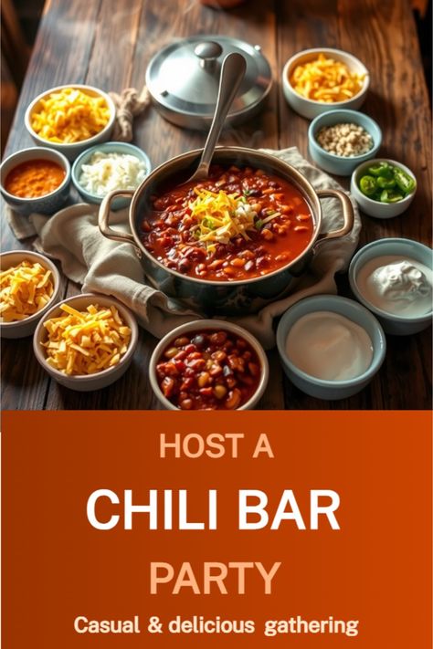 chili bar party ideas Chili Bar Party Winter, Chilli Bar Ideas, Christmas Chili Bar, Chili Fixings Bar, Chili Buffet Bar, Chili Toppings Bar Ideas, Chili Party Ideas, Chilli Bar Ideas Parties, Chili Cookoff Ideas Decorations