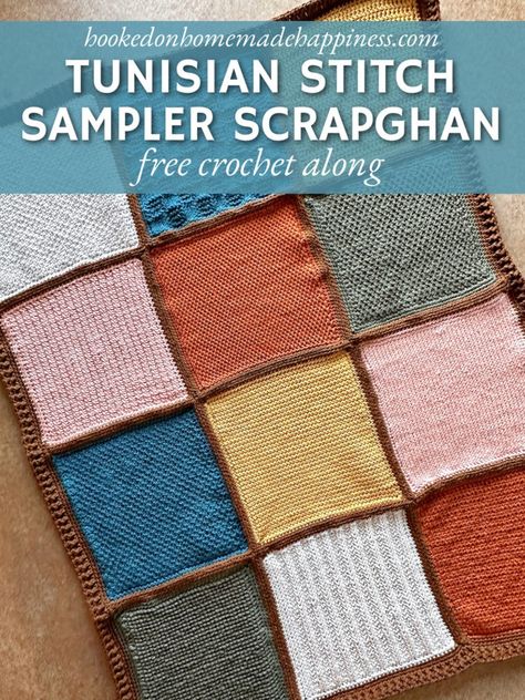 Tunisian Stitch Sampler Scrapghan Crochet Along - Hooked on Homemade Happiness Crochet Sampler Afghan, Crochet Sampler, Crochet Sampler Blanket, Tunisian Crochet Free, Crochet Cals, Sampler Afghan, Crochet Hacks, Lap Afghan, 2024 Crochet