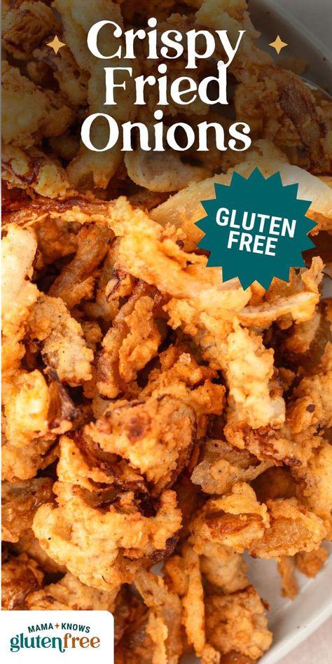 Use these gluten-free fried onions to top casseroles, burgers, and more! Crispy, crunchy, and made from scratch with a gluten-free coating. Gluten Free Crispy Onions, Gluten Free French Fried Onions, French Fried Onion Recipes, Mama Knows Gluten Free, Gluten Free Falafel, Fried Onions Recipe, Gluten Free Holiday Recipes, Gluten Free Holiday, Gluten Free Sides