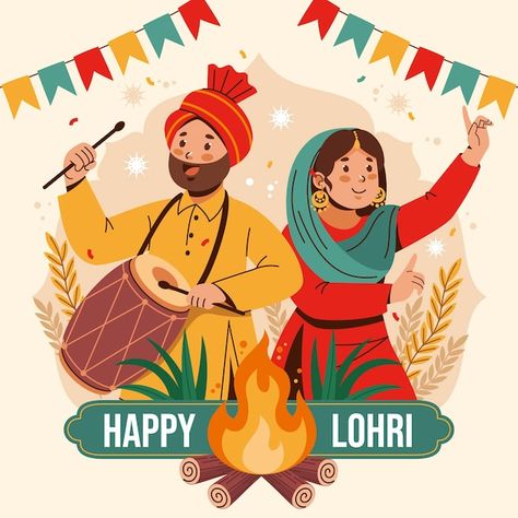 Flat illustration for lohri festival cel... | Premium Vector #Freepik #vector #lohri-festival #lohri #punjabi #indian-illustration Lohri Illustration, Punjabi Drawing, Punjab Illustration, Punjabi Illustration, Lohri Drawing, Lohri Festival, Culture Activities, Punjab Culture, Festival Drawing