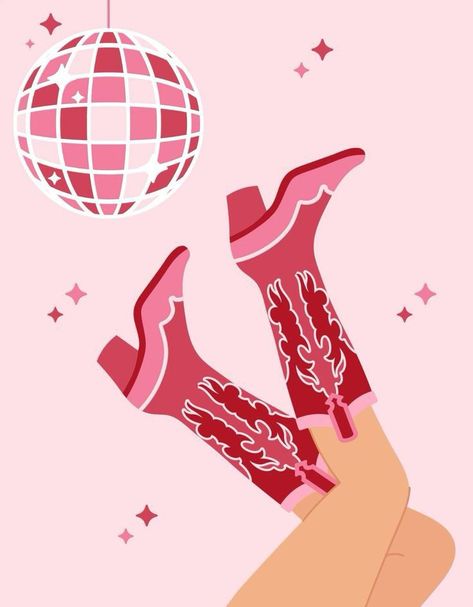 Girlie Pink Aesthetic, Groovy Cowboy Aesthetic, Cowgirl Boots Painting Canvas, Cowgirl Aethstetic, Pink Cowgirl Painting, Pink Cowboy Boots Wallpaper, Disco Cowgirl Painting, Disco Cowgirl Wallpaper Iphone, Disco Cowgirl Illustration