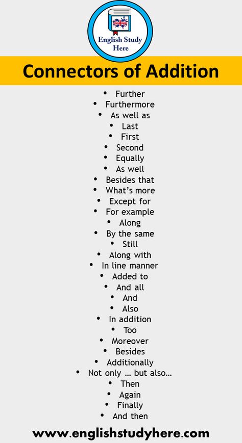 31 Connectors of Addition Words in English Further Furthermore As well as Last First Second Equally As well Besides that What’s more Except for For example   Along By the same Still Along with In line manner Added to And all And Also In addition Too Moreover Besides Additionally Not only … but also… Then Again Finally And then In Addition Synonyms, Lastly Synonym, Words To Use Instead Of Firstly Secondly, As Well As Grammar, Addition Words, Linking Words, Transition Words, Essay Writing Skills, English Vocab