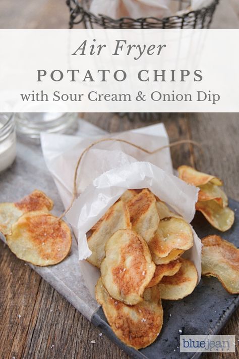 Here is the best recipe for Air Fryer Potato Chips. Air fried chips are so much better for you and only use a little bit of oil or olive oil. Season them with some salt and vinegar or ranch seasoning to create your own flavors. And the homemade Sour Cream and Onion dip is awesome. Check out this recipe the perfect time and temp to make these great chips every time! #bluejeanchef #airfryer #airfrie Air Fryer Kettle Chips, Airfryer Veggies, Sour Cream And Onion Dip, Air Fryer Potato Chips, Recipe For Air Fryer, Air Fry Potatoes, Air Fryer Potato, Fried Potato Chips, Homemade Sour Cream