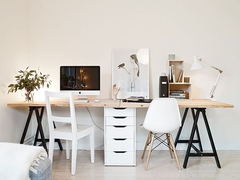 Extra long work table Easy Diy Desk, Desk For Two, Apartemen Studio, Mesa Home Office, Ikea Desk Hack, Workspace Inspiration, Bureau Design, Hemnes, Office Workspace