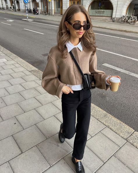 obsessed w all things brown, camel, high waist and cropped right now. this look yes or no? jeans @levis jacket @cosstores shirt… | Instagram Cropped Jacket Outfit, Academia Style, Jeans Levis, Celine Sunglasses, Levis Jacket, Khaki Fashion, Fall Fits, Yes Or No, Scandi Style