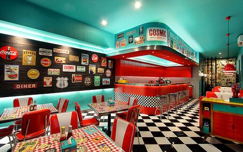 cosmic-3 Retro Diner Decor, Diner Aesthetic, 1950s Diner, Bali Restaurant, Diner Restaurant, 50s Diner, Diner Decor, Vintage Diner, Retro Cafe