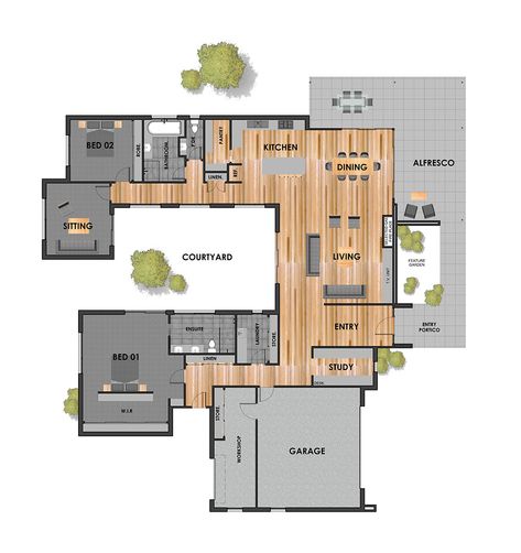 Ocean Grove 1 - Palm Springs House Plans, U Shaped House Plans Courtyards, U Shaped House Plans, U Shaped Houses, Beach House Floor Plans, Shaped House, Modern House Floor Plans, Ocean Grove, Courtyard House Plans