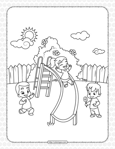 Printable Children in the Park Coloring Page Park Drawing Easy, Kids Pictures To Color, Color Pictures For Kids Free Printable, Park Drawing For Kids, Boys Coloring Pages Free Printable, Children Playing Drawing, Park Coloring Pages, Printable Rocket, Gardening Coloring Pages For Kids