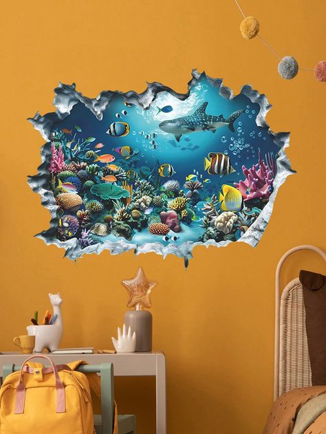 Contemporary Nautical-Themed Wall Stickers - Animal Print Ocean Scene With Sharks, 3D Peel-And-Stick PVC Decor For Glass And More, Irregular Shape, Matte Finish, Single Use Decal For Living Room, Bedroom, Entryway (1 Piece) Multicolor    PVC Animal    Home Decor, size features are:Bust: ,Length: ,Sleeve Length: Mermaid Wall Decals, Jungle Wall Decals, Wall Stickers Animals, Bubble Wall, Ceiling Murals, Wall Stickers 3d, Deer Wall, Glam Style, Mural Wall Art