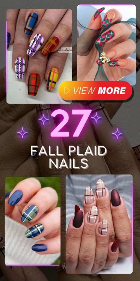 Get inspired by fall plaid nails, showcasing a variety of designs perfect for autumn. Whether you prefer gel short almond or classic square shapes, there are endless ideas to explore. Colors like burgundy, brown, and white create a sophisticated look, while bright shades of orange and purple add a playful touch. Simple plaid patterns are both cute and stylish, making fall plaid nails a popular choice for the season. Fall Nails Checkered Design, Teal Plaid Nails, Autumn Plaid Nails, Fall Nails Simple Almond, Purple Fall Nails Design, Fall Plaid Nail Designs, Colorful Fall Nails, Plaid Nails Fall, Fall Plaid Nails