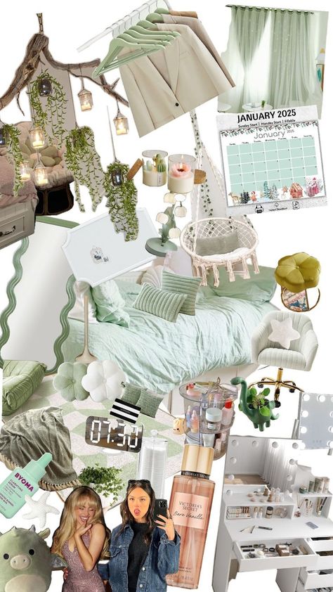 This is a teen bedroom but made up of the colours white and sage green Sage Green And White Bedroom, Off White Bedroom, Green And White Bedroom, Cute Bedroom, White Bedroom, New Room, Green And White, Sage Green, Room Decor