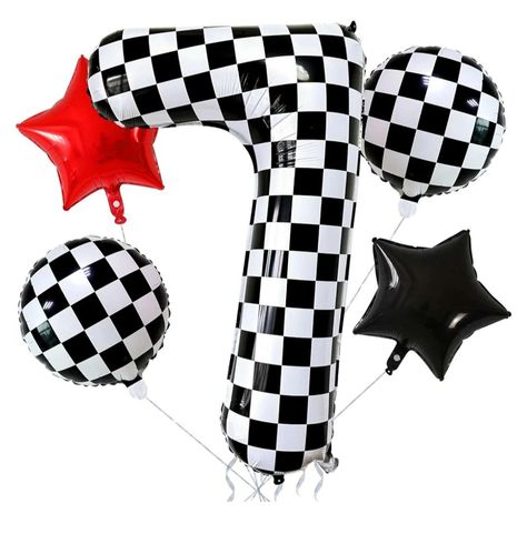 Race Car Themed Party, Car Themed Party, Balloons Number, Car Themed Parties, Black White Checkered, Number Design, Kids Gift Guide, Checkered Flag, Number 7