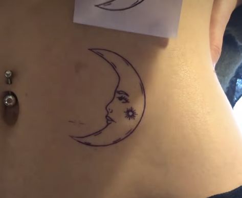 Hand Poked Moon Tattoo, Moon On Hip Tattoo, Red Crescent Moon Tattoo, Rises The Moon Tattoo, Funky Moon Tattoo, Sleeping Moon Tattoo, Moon To Saturn Tattoo, Moon Tattoo Stomach, Sun And Moon Tattoo Separate