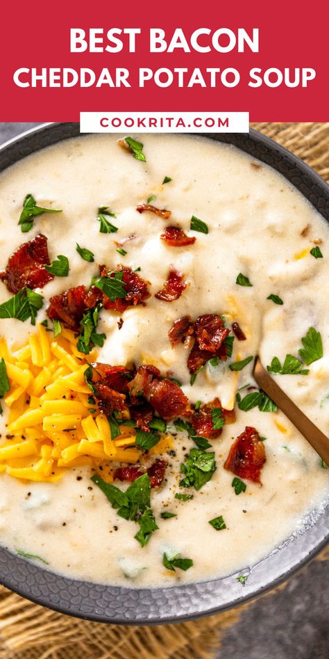 Warm up with this rich and creamy potato soup made right in the slow cooker! Packed with bacon and cheddar for delicious flavor. #SoupSeason #SlowCookerRecipe #CheesySoup #EasyDinners Slow Cooker Creamy Bacon Potato Soup, Potatoe Bacon Soup Recipe Crock Pot, Slow Cooker Creamy Potato Bacon Soup, Paula Dean Potatoes Soup, Paula Dean Potato Soup, Cheddar Bacon Potato Soup, Potato Soup Cream Cheese, Oven Cheesy Potatoes, Cheddar Potato Soup