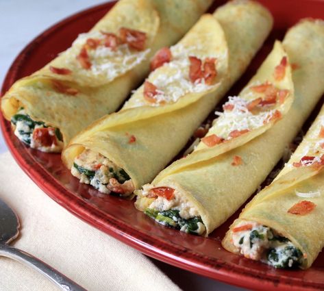 Spinach Crepes Filling, Spinach And Ricotta Crepes, Bacon Crepes, Gf Crepes, Ricotta Crepes, Spinach Crepes, Savoury Crepes, Crepe Filling, Savory Crepe