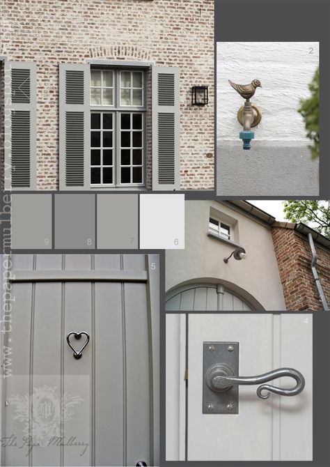 The Paper Mulberry: Exterior Paint Shades - Part 2 5. front door painted in French Grey (Farrow & Ball)  6. All White 2005 Farrow & Ball 7. Lamp Room Gray 88 Farrow & Ball  8. Manor House Grey 265 Farrow & Ball  9. French Grey Dark 163 Little Greene Paint and Paper Farrow And Ball Lamp Room Grey, Shades Of Grey Paint, Best Exterior Paint, Paper Mulberry, House Shutters, Painted Front Doors, Exterior Paint Colors For House, Farrow And Ball, Doors And Windows