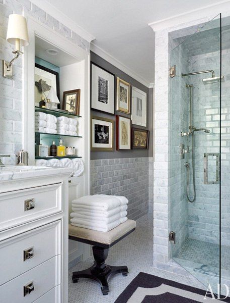 The master bath of a Kansas City apartment has shower fittings and towels by Restoration Hardware. Hotel Bathrooms, Shower Fittings, Bad Inspiration, Powder Rooms, Bathroom Renos, White Towels, Bath Ideas, Traditional Bathroom, Bath Remodel