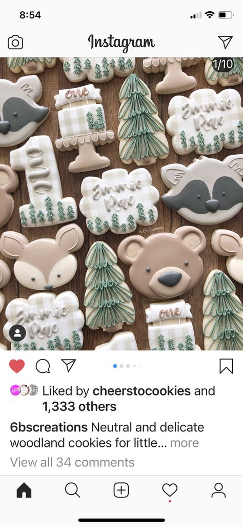 Forest Cookies, Winter Onederland Cookies Boy, Woodland Sugar Cookies, Pine Tree Cookies, Bear Cookies Decorated, Forest Cookies Decorated, Deer Cookies, Woodlands First Birthday, Woodland Cookies Decorated