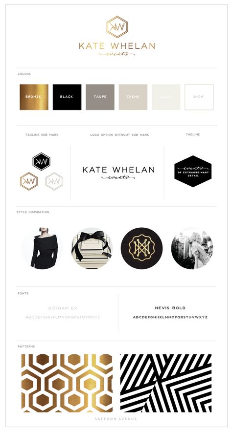 KWE-LogoDesignBrandBoard Black White Grey Gold Moodboard, Black White Gold Branding Color Schemes, Black White Gold Brown Color Palette, Black White Gold Palette, Bold Elegant Branding, Black White Gold Branding, Gold Website Design, Chic Website Design, Events Branding