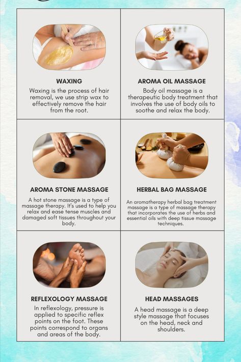 Different Massage Types, Wellness Spa Services, Outdoor Massage Ideas, Body Massage Benefits, Medical Spa Services, Spa Add On Services, Massage Therapy Add Ons, Types Of Massage Therapy, Spa Specials Ideas