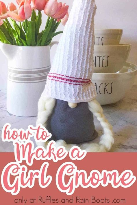 What a fun farmhouse girl gnome tutorial! Just 20-minutes and you have this adorable kitchen gnome to keep you company while you bake. Click here to get the easy girl gnome tutorial! #girlgnometutorial #girlgnome #gnome #farmhousegirlgnome #rufflesandrainboots Gnome Village, Easy Girl, Diy Gnome, Artsy Ideas, Girl Gnome, Farmhouse Crafts, Gnome Hat, Diy Socks, Sock Crafts