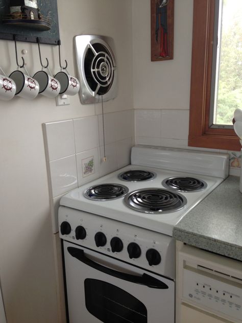 My Cottage Kitchen with Vintage Nutone Fan with Operational Pull Chain Wall Exhaust Fan Kitchen, Kitchen Exhaust Fan Ideas, Ranch Interior, Old Style Kitchen, Fan Kitchen, Pantry Renovation, Wall Stove, Midcentury Kitchen, Stove Vent