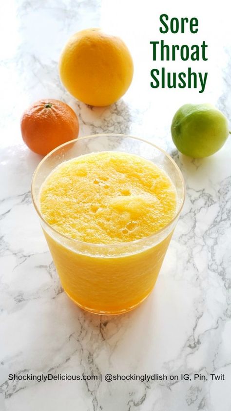 Sore Throat Slushy: A cooling, soothing, cooling, citrusy slushy that will tame a sore throat, offer extra Vitamin C for an impending cold, and make everything better. This is good for what ails you. On ShockinglyDelicious.com #shockinglydelicious  #slushy  #sorethroat Foods For Sore Throat, Drinks For Sore Throat, Help Sore Throat, For Sore Throat, Throat Remedies, Sore Throat Remedies, Healing Tips, Delicious Drink Recipes, Natural Cough Remedies