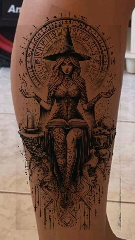 Back Leg Tattoos Women, Witch Tattoos For Women, Eerie Tattoos, Gotik Tattoo, Witchy Tattoos, Wiccan Tattoos, Wicked Tattoos, Scary Tattoos, Witch Tattoo