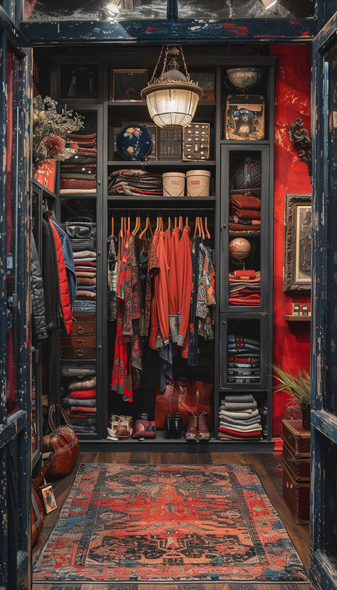 Dark Bohemian Closet Dark Academia Closet Room, Dark Moody Closet, Moody Walk In Closet, Dark Academia Closet, Moody Closet, Maximalist Closet, Goth Closet, Dark Maximalist, Maximalist Bohemian