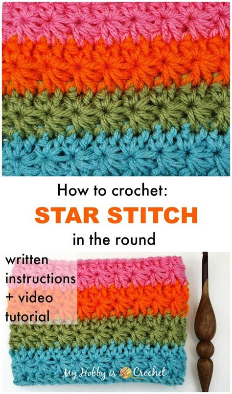 Crochet Star Stitch In The Round, Crochet Stitches In The Round, Crochetting Ideas, Crochet Stitches Round, Crochet Star Stitch, Different Crochet Stitches, Crochet Wallet, Foundation Single Crochet, Crochet Star