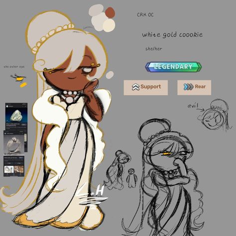 So... Apparently I learned that white gold is a thing... Yea so I randomly got an idea out of nowhere to make a cookie run kingdom oc from this..So yeah.... It's not the best but I tried lol Cookie Run Kingdom Oc, Crk Oc, Gold Cookies, Costume Design Sketch, Erin Johnson, Kirby Character, Cookie Run Kingdom, Anime Kimono, Characters Inspiration Drawing