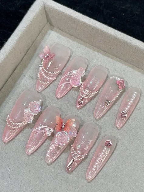 Multicolor  Collar  ABS   Embellished   Nail,Hand & Foot Care Nail Box Design, Pink Nail Inspo, Diy Rhinestone Nails, Princess Nails, Handmade Nails, Nails Accessories, Fake Nails Designs, Butterfly Nails, Asian Nails