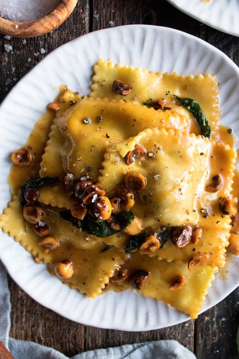 Butternut Squash Ravioli with Hazelnut Honey Butter - The Original Dish Fall Pasta Dishes, The Original Dish, Homemade Pasta Dough, Squash Ravioli, Fall Pasta, Butternut Squash Ravioli, Homemade Ravioli, Filled Pasta, Ravioli Recipe