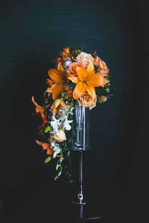 Tiger and La Lily bouquet Tiger Lilly Wedding Ideas, Tiger Lily Bridal Bouquet, Tiger Lily Flower Arrangements, Tiger Lily Wedding Decor, Tiger Lily Wedding Bouquet, Stargazer Lily Wedding Bouquet, Lilly Bouquet Wedding, Crow Wedding, Stargazer Lily Wedding