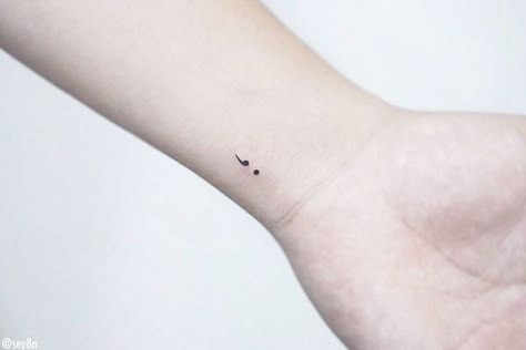 Semi-colon Tattoo Tiny, Semi-colon Tattoo Dainty, Small Semi Colon Wrist Tattoo, Simecolen Tattoo, Small Semicolon Tattoo Wrist, Dainty Tattoos Semi Colon, Tiny Semicolon Tattoo, Semi Colon Tattoo Wrist, Semicolon Tattoo On Wrist