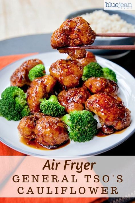 This recipe for General Tso's Cauliflower is a great way to get your Chinese food fix right at home and keep it vegetarian. Cut the cauliflower florets into bite-sized pieces – especially if you intend to eat this with chopsticks! Homemade General Tso made in your air fryer is so much better for you than take out. Check out the video and see how easy it is to make. #bluejeanchef #cauliflower #ch Air Fryer Asian Cauliflower, Air Fryer General Tso Cauliflower, Air Fryer Cauliflower Recipes Asian, General Tso Cauliflower Air Fryer, Vegetarian Air Fryer Recipes, General Tso Cauliflower, General Tso's Cauliflower, Air Fryer Recipes Vegetarian, General Tso