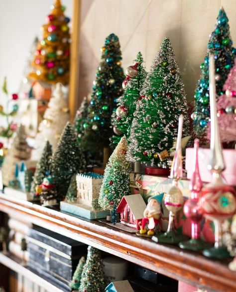 Vintage Bottle Brush Trees Inspire Christmas Nostalgia - Susan Said... WHAT?! Christmas Bottle Brush Tree Display, Bottle Brush Trees Display, Bottle Brush Tree Display, Kaleb Wyse, Christmas Nostalgia, Tree Display, Retro Christmas Decorations, Bottle Brush Christmas Trees, Rainbows Christmas