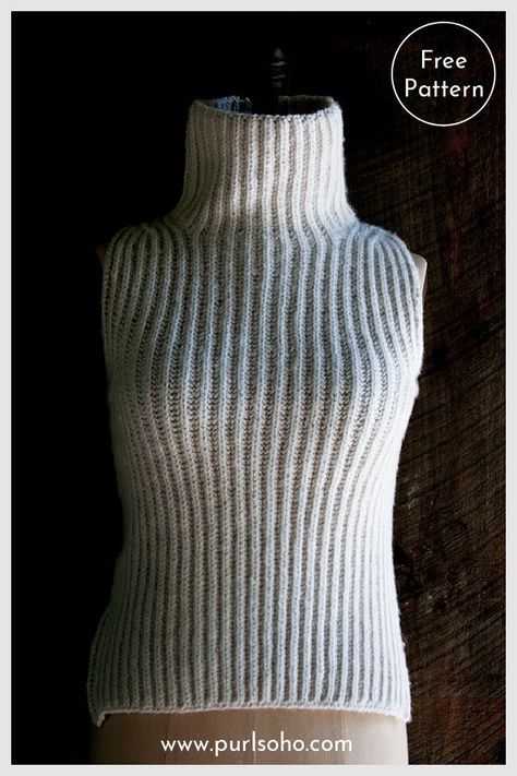 Brioche Sleeveless Turtleneck Vest Free Knitting Pattern Knit Top Pattern Free, Brioche Knitting Patterns, Knit Top Patterns, Sleeveless Turtleneck Top, Brioche Knitting, Knitting Patterns Free Sweater, Knit Vest Pattern, Purl Soho, Sleeveless Turtleneck