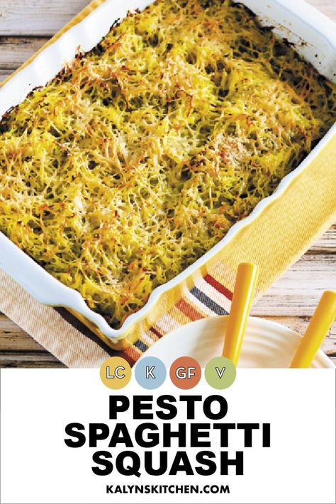 Twice-baked Pesto Spaghetti Squash topped with Parmesan is a delicious idea that's perfect for a low-carb meatless meal or side dish. [found on KalynsKitchen.com] #TwiceBakedSpaghettiSquash #LowCarbSpaghettiSquash #SpaghettiSquashPesto #SpaghettiSquash Pesto Spaghetti Squash, Pesto Spaghetti, Low Carb Spaghetti, Baked Spaghetti Squash, Low Carb Casseroles, Spaghetti Squash Recipes, Twice Baked, Baked Spaghetti, Low Carb Vegetarian