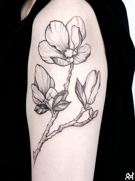 Ixora Flower Tattoo, Jamaica Flower Tattoo, Black And White Magnolia Tattoo, Magnolia Tattoo Blackwork, Passion Flower Tattoo Black And White, Magnolia Tattoo, Line Flower, Tattoo Portfolio, Book Tattoo