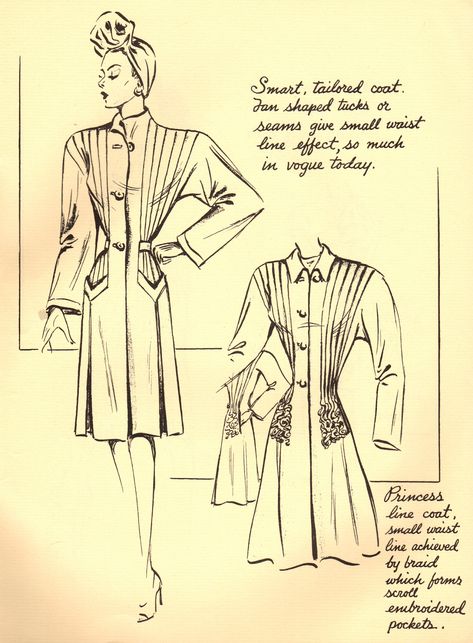 Ah, my favorite - pin tucks! These coats feature fan-shaped tucks that taper to produce a small waistline. Note the differences in collars a... Small Waistline, Hanging By A Thread, Tuck Dress, Dress Illustration, Tailored Coat, Dress Sketches, Dress Drawing, Love Sewing, Fashion Line