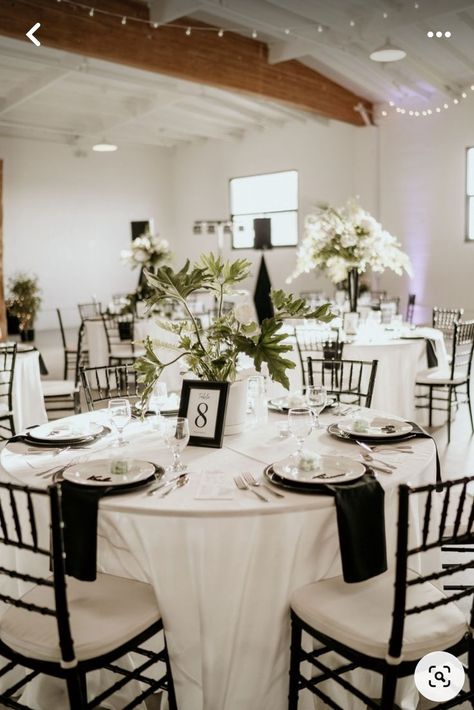 Black And White Wedding With A Pop Of Colour, Cheap Black And White Wedding Decor, Black And White Wedding On A Budget, Torres Wedding Hashtag, Black White And Silver Wedding Centerpieces, Classy Black White Wedding, Black Tablecloth Wedding White Chairs, Spring Wedding Black And White, Black And White Wedding Table Set Up