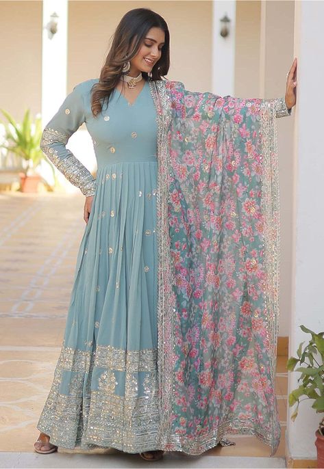 Indian Long Gowns, Multi Dupatta, Sequins Gown, Cyan Colour, Gown With Dupatta, Gown Party Wear, Gown Suit, Light Cyan, Indo Western Dress