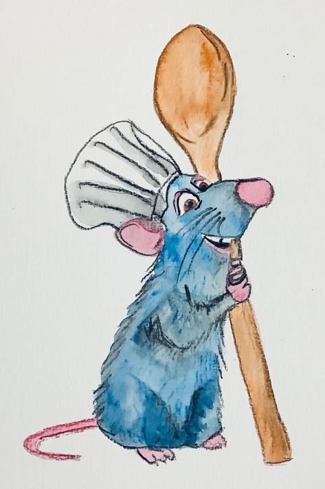 Cool Art Drawings Colour, Sketch Ideas With Color, Watercolour Pencil Ideas, Silly Watercolor Paintings, Disney Watercolour Painting, Drawing Ideas Movies, Ratatouille Doodle, Disney Watercolor Art, Watercolour Pencils Art