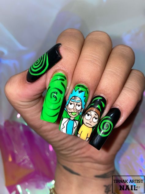 Rick And Morty Nails Simple, Rick And Morty Acrylic Nails, Rick And North Nails, Rick Morty Nails, Nail Art Portrait, Pickle Rick Nails, Rick And Morty Nail Designs, Rick And Morty Nails Acrylic, Rick And Morty Nail Art