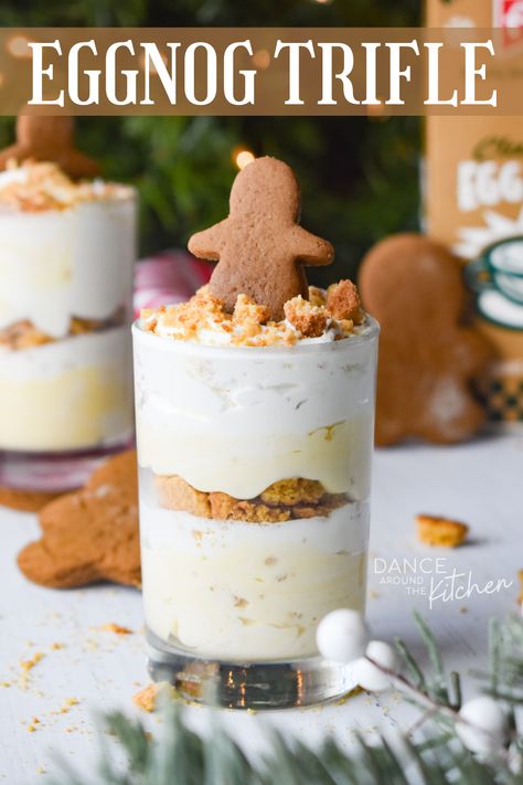 Creamy pudding, gingersnap cookies and fluffy whipped topping make up the layers in this delicious Egg Nog Trifle. It’s the ultimate Christmas dessert! #EggNog #Trifle #NoBake #Dessert #HolidayDessert Eggnog Trifle Recipe, Gingerbread Eggnog Trifle, Ginger Snap Trifle, Snow Eggs Dessert, New Years Trifle, Eggnog Desserts Christmas, Eggnog Recipes Desserts, Mini Christmas Trifle, Christmas Pudding Cups