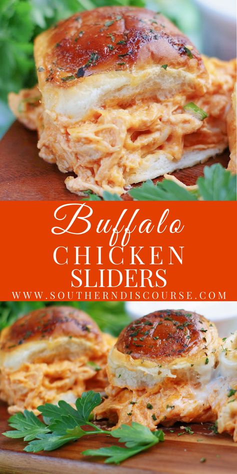 Shredded Buffalo Chicken Sliders - southern discourse Buffalo Chicken Sandwich Shredded, Buffalo Shredded Chicken Sandwiches, Pulled Buffalo Chicken Sandwich, Healthy Buffalo Chicken Sliders, Buffalo Ranch Sliders, Buffalo Shredded Chicken Recipes, Chicken Sliders Recipes Simple, Buffalo Chicken Sliders Cream Cheese, Best Buffalo Chicken Sliders